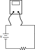 The diagram shows a circuit with a battery, labeled V, a resister, and a meter, connected in a single loop.