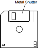 The diagram shows a 3.5 inch floppy disk. The sliding metal shutter is labeled.