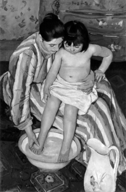 oil painting of a woman bathing a child.