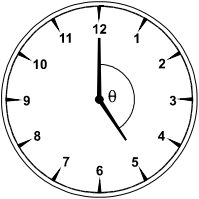 Diagram of a 12-hour analog clock face with the minute hand at 12 and the hour hand at 5. The lesser angle is labeled theta.