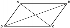 The corners of the parallelogram are not right angles.  The diagonals are drawn.  A is opposite C and B is opposite D.
